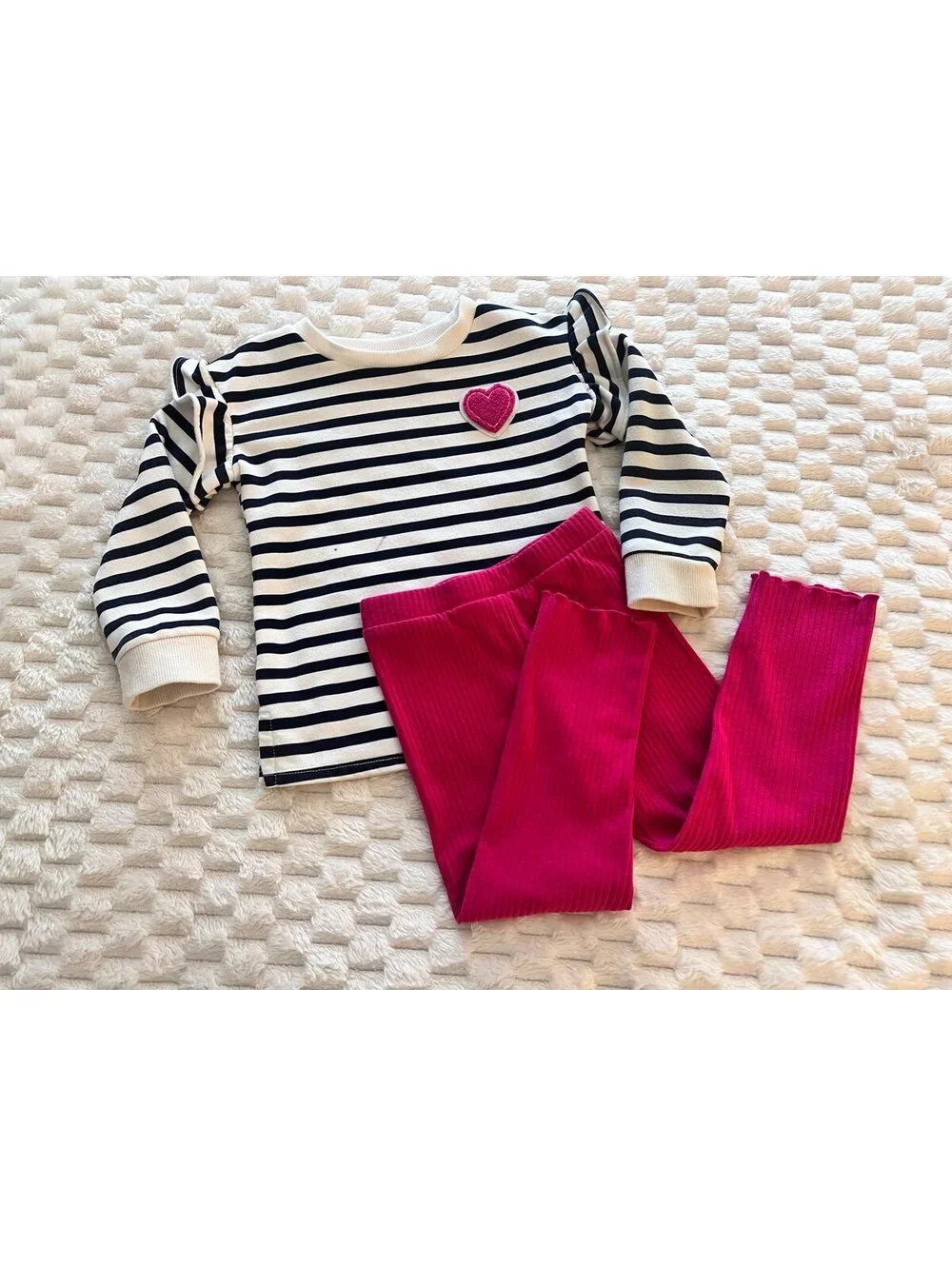 TCP Girls Striped Ruffle Sweatshirt & Pink Leggings 2pc Set; Fall Outfit (3T)